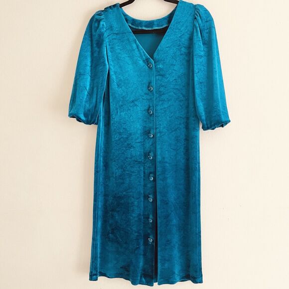 Jodi Michaels Vintage Dress M Back Buttons Puff Sleeves Velvet Turquoise Green - Picture 16 of 16